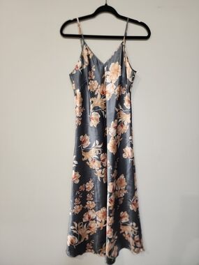 Sexy Floral Slip Dress in Charcoal with Peach Blooms Small Satin